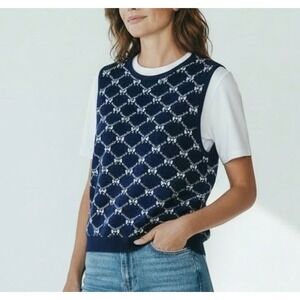 RIHOAS Navy Blue White Bow Tie Lattice Knit Sweater Vest Women Large Sleeveless